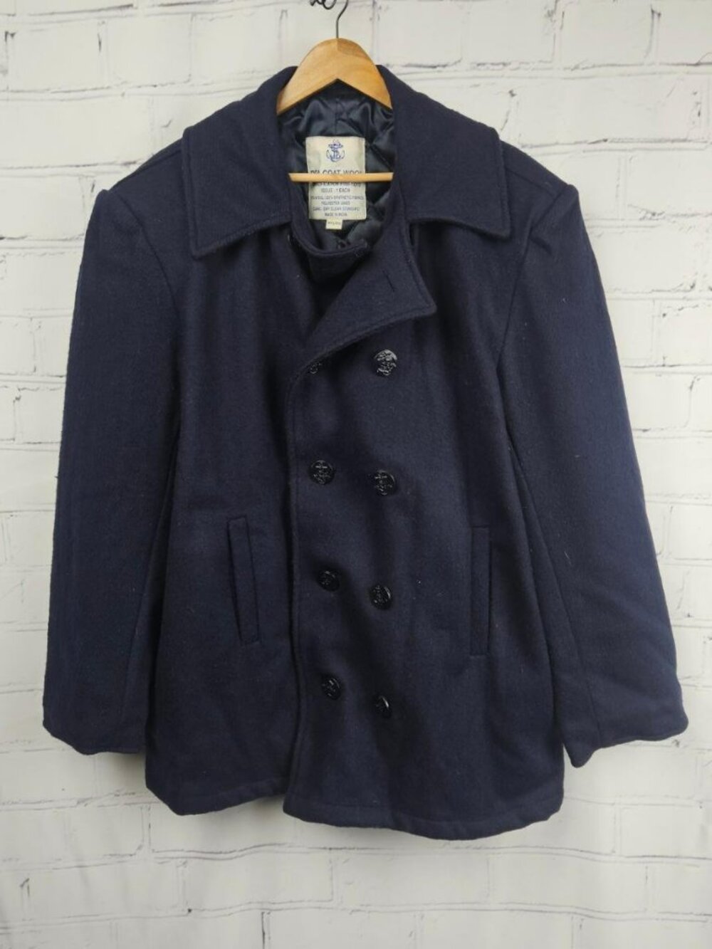 US Navy Pea Coat Wool Mens 44 LRG Dark Navy Double Breasted Jacket Quilted Lined